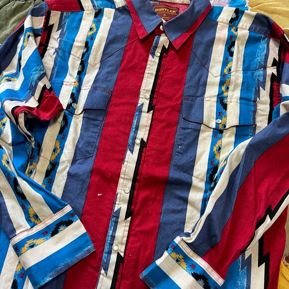 Vintage Rustler by Warngler Blue/Red/White Aztec Southwestern Pearl Snap Large - Picture 4 of 7